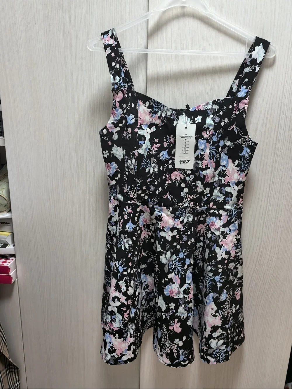 Black Floral Fit-and-Flare Dress with Pink & Blue Flowers
